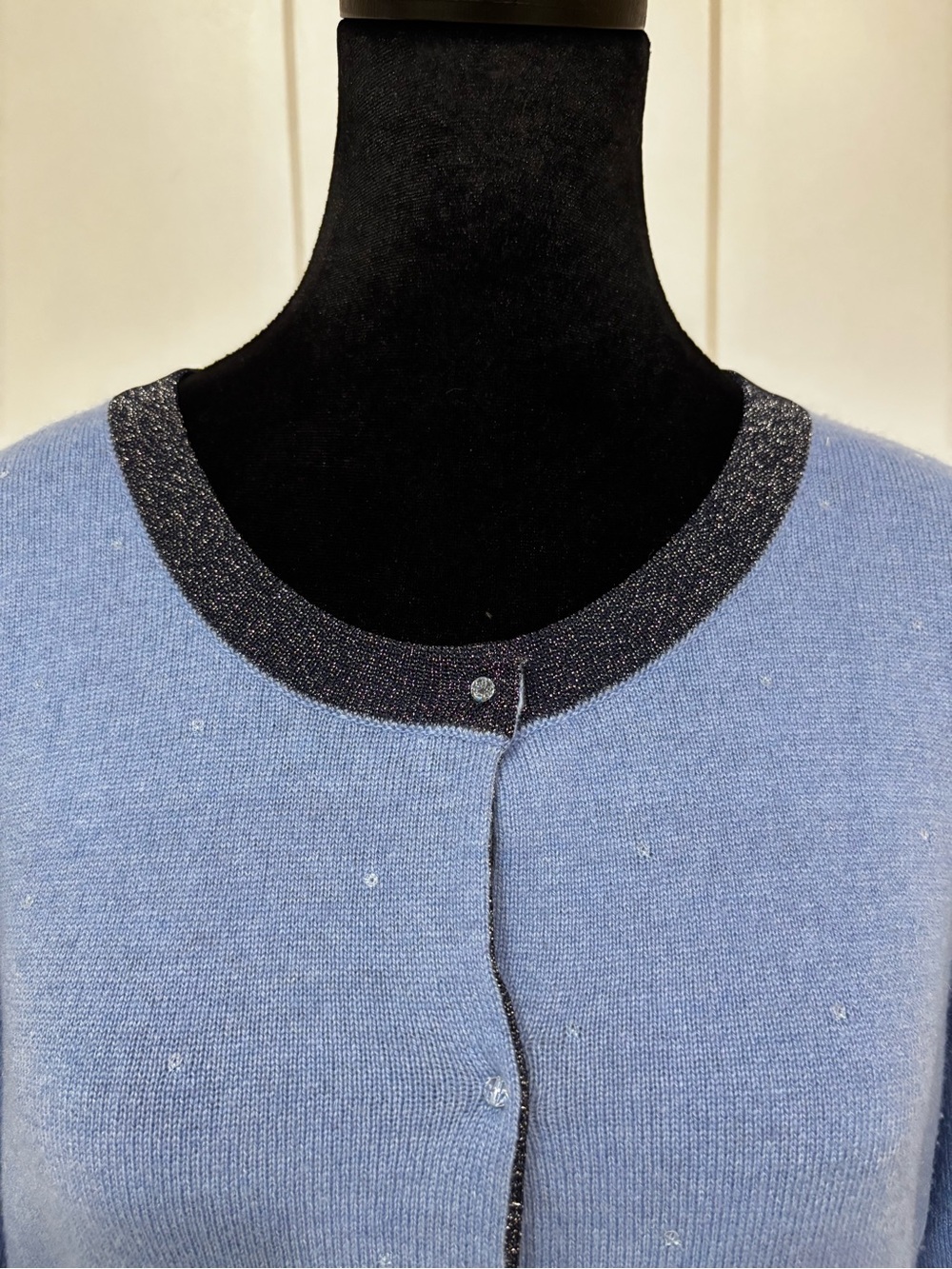 Escada Slate Blue Cardigan with Black Shimmer Trim